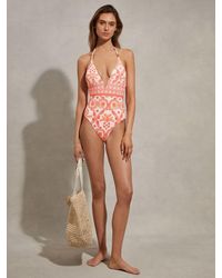 Reiss - Leonora Nylon Printed Plunge Neck Swimsuit - Lyst