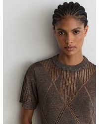 Reiss - Tamsin - Gunmetal Grey Metallic Argyle Open-knit Top, S (us 4-6) - Lyst