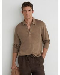 Reiss - Linen Long-Sleeve Knitted Polo Shirt - Lyst