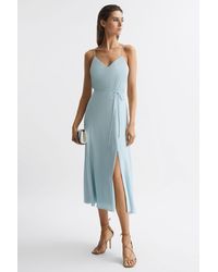 Reiss - Penny - Blue Fitted V-neck Midi Dress, Us 6 - Lyst