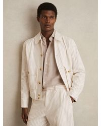 Reiss - Easton - Off White/taupe Brown Cotton-blend Pinstripe Harrington Jacket, M - Lyst