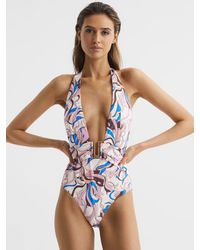 Reiss - Print - Multi Isabel Plunge Neck Abstract Print Swimsuit, Us 2 - Lyst