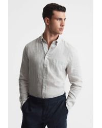 Reiss - Quick - Stone Slim Fit Full Sleeve Linen Button-down Shirt - Lyst