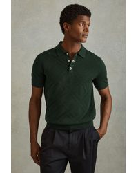 Reiss - Lupton - Dark Green Cotton Textured Press-stud Polo Shirt - Lyst