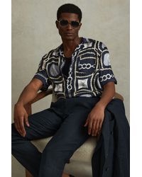 Reiss - Jenson - Navy Chain Print Cuban Collar Shirt - Lyst
