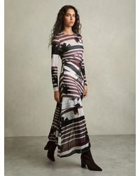 Reiss - Burgundy & Abstract Print Ruched Dress - Lyst