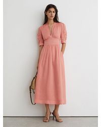 Reiss - Poppy - Pink Short-sleeve Waisted Midi Dress, Us 2 - Lyst