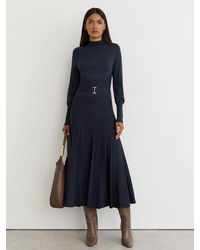 Reiss - Belted Pleated Knit Midi Dress - Lyst