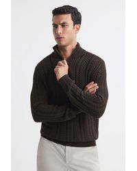 Reiss - Bantham - Chocolate Cable Knit Half-zip Funnel Neck Jumper - Lyst