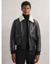 Reiss - Leather Shearling-Collar Bomber Jacket - Lyst