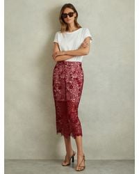 Reiss - Sheer Lace Midi Pencil Skirt - Lyst