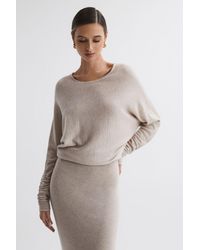 Reiss - Leila - Neutral Petite Wool Blend Ruched Sleeve Midi Dress - Lyst