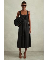 Reiss - Liza - Black Cotton Ruched Strap Belted Midi Dress - Lyst