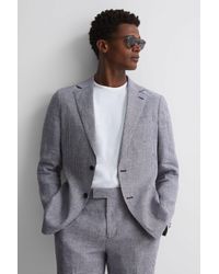 Reiss - Squad - Navy Linen Single Breasted Dogtooth Blazer - Lyst