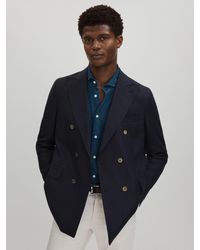 Oscar Jacobson - Navy Linen Double Breasted Blazer - Lyst