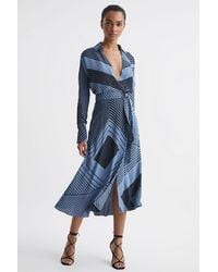 Reiss - Talia - Blue Printed Spliced Midi Dress, Us 4 - Lyst