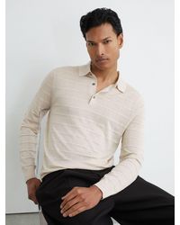 Reiss - Pallas - Ecru Check-texture Long-sleeve Polo Jumper With Wool, Xxl - Lyst