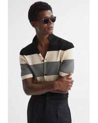 Reiss - Seville - Black Striped Cuban Collar Button Through T-shirt - Lyst