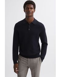 Reiss - Holms - Navy Wool Long Sleeve Polo Shirt - Lyst