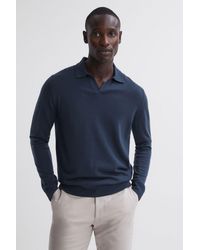 Reiss - Milburn - Eclipse Blue Merino Wool Open Collar Polo Shirt - Lyst