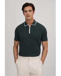 Reiss - Cannes - Dark Green Cotton Contrast Collar Half-zip Polo Shirt - Lyst
