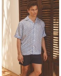 Reiss - Idra - Bright Blue/white | Ché Monogram Print Cuff Detail Cuban Collar Shirt, M - Lyst