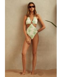 Reiss - Gabriella - Green/cream Palm Tree Halter Neck Swimsuit - Lyst
