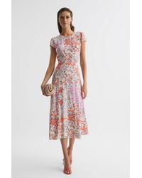 Reiss - Luna - Coral/white Petite Floral Print Cap Sleeve Dress, Us 2 - Lyst