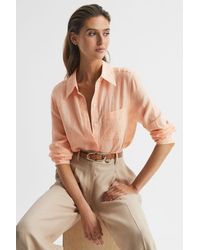 Reiss - Campbell - Peach Linen Long Sleeve Shirt, Us 2 - Lyst