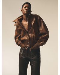 Reiss - Cara - Chestnut Brown Leather Funnel-neck Bomber Jacket, Us 10 - Lyst
