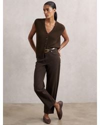 Reiss - Lily - Chocolate Brown Cotton-linen Button-through Knit Top, S (us 4-6) - Lyst