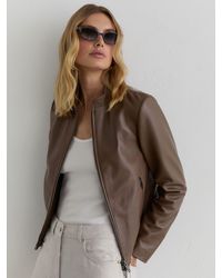 Reiss - Allie - Taupe Neutral Leather Collarless Biker Jacket, Us 10 - Lyst