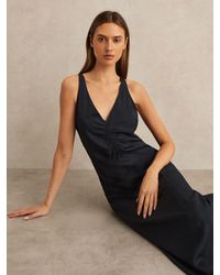 Reiss - Pari - Navy Petite Ruched Sleeveless Midi Dress With Linen, Us 4 - Lyst