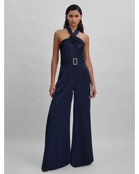 Halston - Satin Halter Neck Jumpsuit, Camel & Ecru - Lyst
