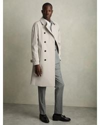 Reiss - Scramble - Stone Double Breasted Long Trench Coat, Xs - Lyst