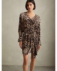 Reiss - Neutral & Animal Print Wrap Belted Mini Dress - Lyst