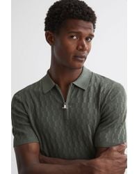 Reiss - Ubud - Sage Green Half-zip Textured Polo T-shirt - Lyst