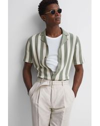 Reiss - Tortolli - Ecru/sage | Ché Crocheted Cuban Collar Button Through Shirt - Lyst
