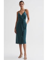 Reiss - Elsie - Dark Teal Linen Side Tie Midi Dress - Lyst