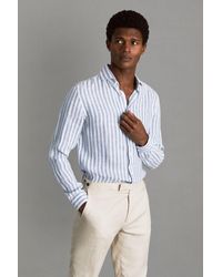 Reiss - Ruban - Soft Blue Herringbone Stripe Linen Button-through Shirt - Lyst