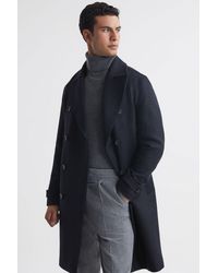 Reiss - Attention - Navy Wool Check Double Breasted Coat, L - Lyst