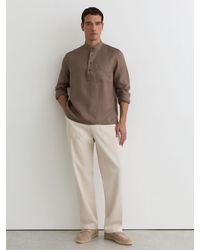 Reiss - Trident - Soft Brown Linen Grandad-collar Half-button Shirt Regular-fit, L - Lyst