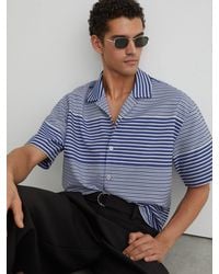 Reiss - Solstice - Bright Blue Striped Cuban-collar Shirt With Cotton, M - Lyst