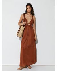 Reiss - Alexia - Toffee Brown Double-tie Plunge Maxi Dress With Linen, Us 10 - Lyst