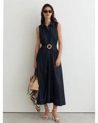 Reiss - Remi - Indigo Blue Button-front Belted Denim Midi Dress, Us 2 - Lyst