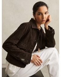 Reiss - Suede - Chocolate Brown Hanson Suede Trucker Jacket, Us 8 - Lyst