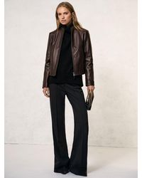 Reiss - Allie - Chocolate Brown Petite Leather Collarless Biker Jacket, Us 4 - Lyst