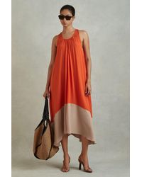 Reiss - Elias - Orange Ruched Dipped Hem Midi Dress - Lyst