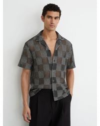 Reiss - Carlos - Black Checkerboard Crochet Cuban Collar Shirt, M - Lyst