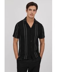 Reiss - Castle - Black/steel Grey Ribbed Striped Cuban Collar Shirt - Lyst